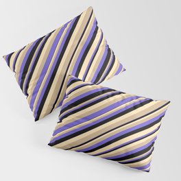 [ Thumbnail: Tan, Slate Blue, Black, and Beige Colored Stripes/Lines Pattern Pillow Sham ]