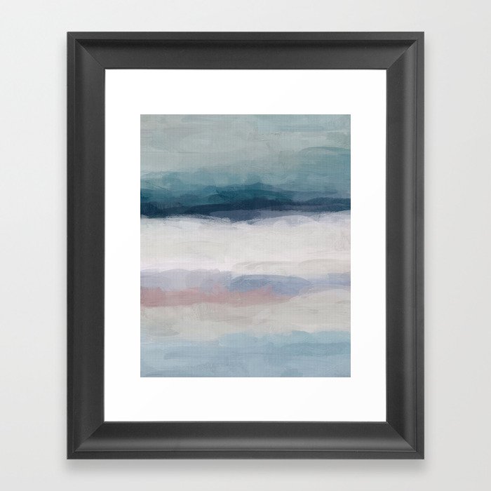 Lullaby Waves III - Dark Teal Blue White Pink Light Blue Modern Art, Ocean Waves Nursery Beach Framed Art Print