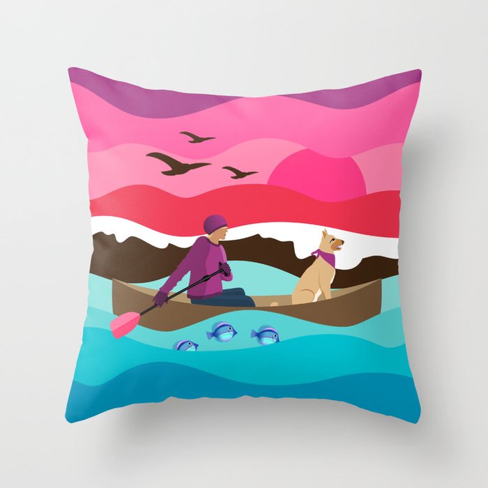 Man Paddling a Canoe with his Dog at Sunset // Bright Fuchsia, Pink, Magenta, Plum Purple, Red, Blue, Brown, White // Mountains, River, Flying Birds, Fish Throw Pillow