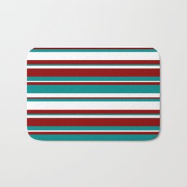 [ Thumbnail: Dark Red, Dark Cyan, and White Colored Striped Pattern Bath Mat ]