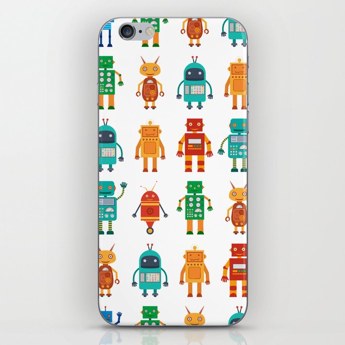 Seamless pattern from colorful retro robots in a flat style on a white background. Vintage illustration.  iPhone Skin