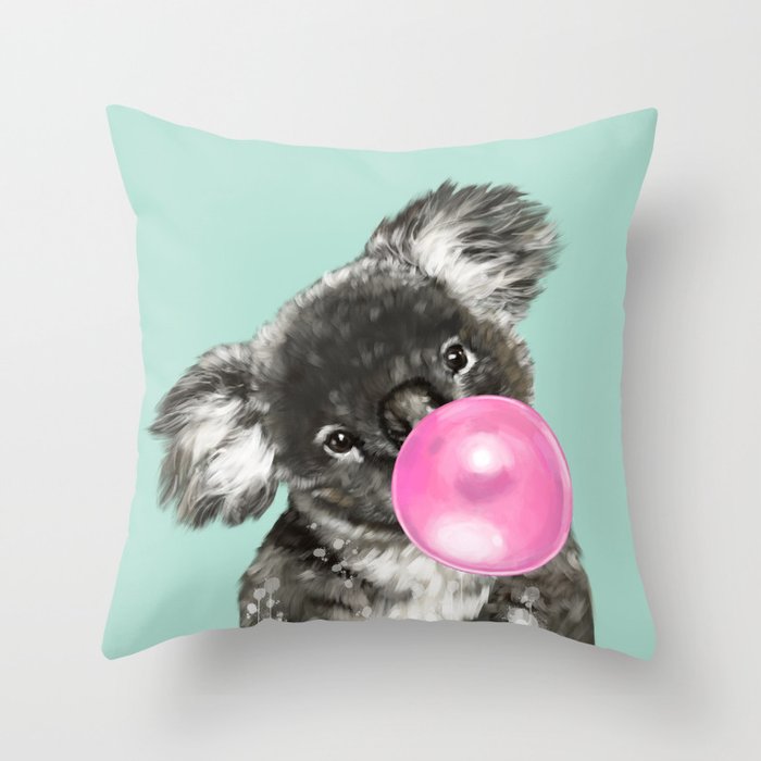 Playful Koala Bear with Bubble Gum in Green Throw Pillow