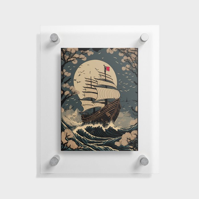 A pirate ship in the storm crossing the Pacific Ocean during full moon, huge waves splashing ukiyo-e style woodblock print Floating Acrylic Print