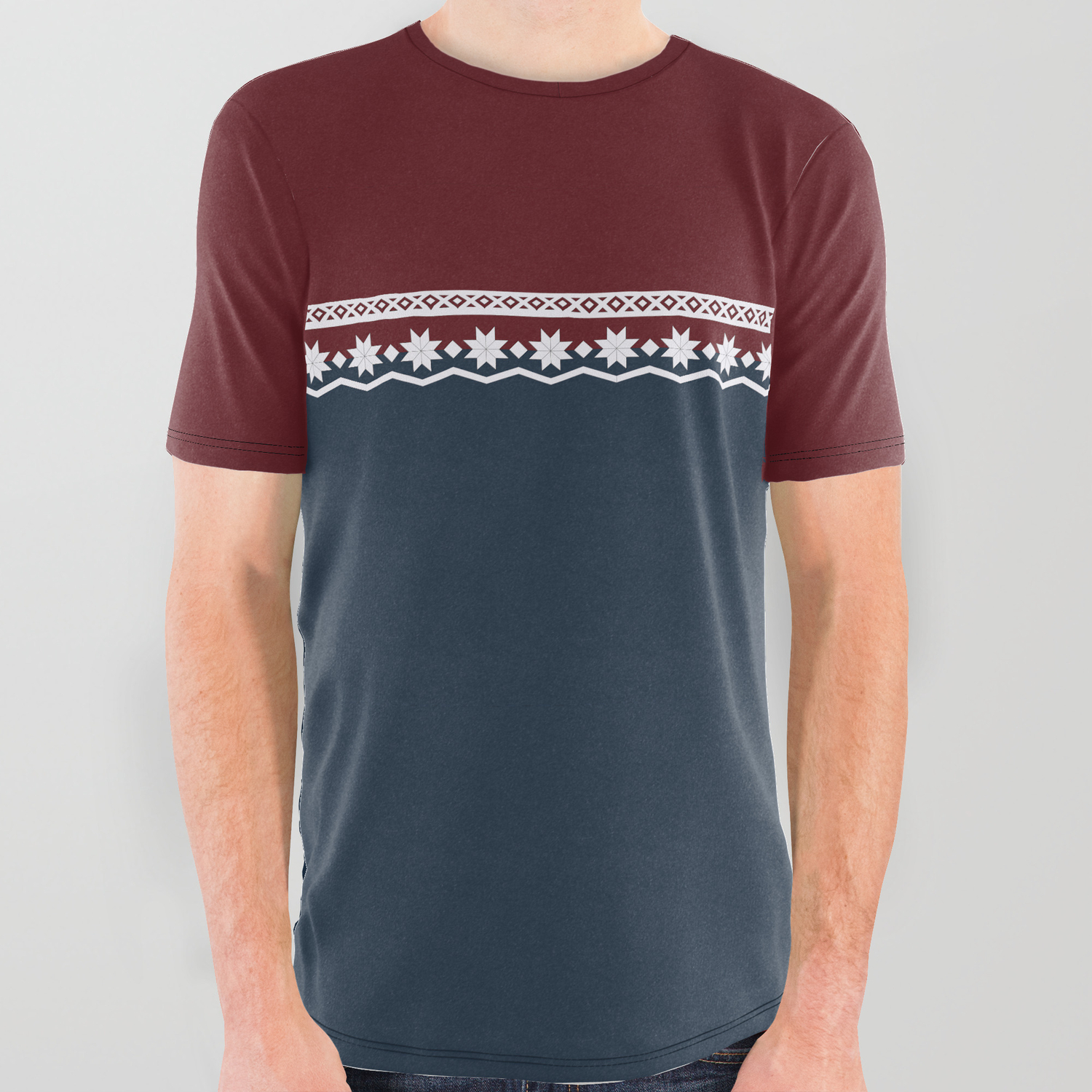 navy blue and red graphic tees