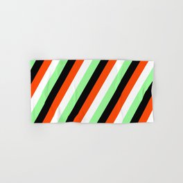 [ Thumbnail: Black, Red, White, and Green Colored Lined Pattern Hand & Bath Towel ]