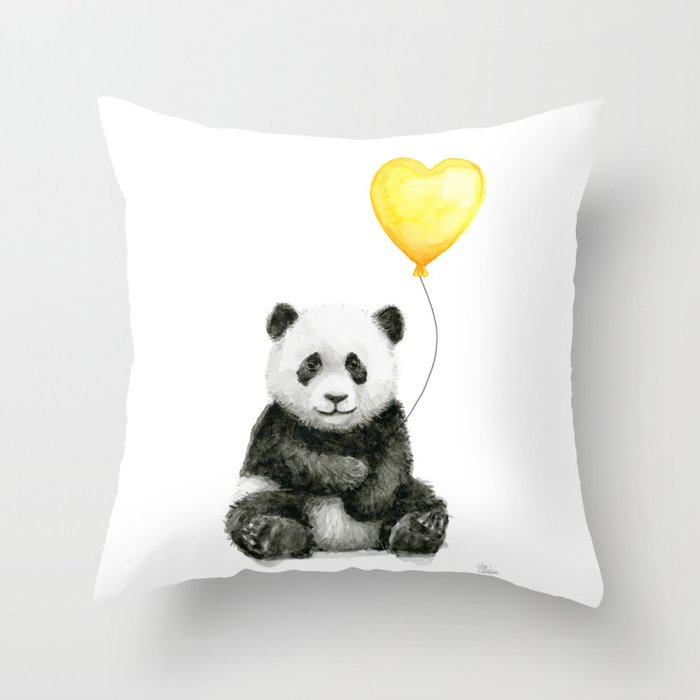 Panda with Yellow Balloon Baby Animal Watercolor Nursery Art Throw Pillow