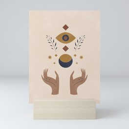 Hands and Evil Eye, Boho Celestial Earth Tones Print Mini Art Print