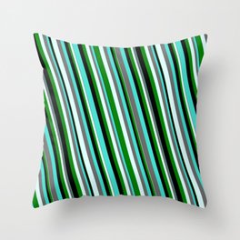 [ Thumbnail: Eyecatching Turquoise, Dim Grey, Light Cyan, Green & Black Colored Striped Pattern Throw Pillow ]