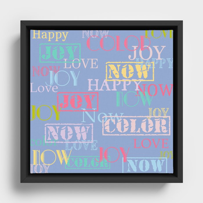 Enjoy The Colors - Colorful typography modern abstract pattern on Serenity Blue background  Framed Canvas