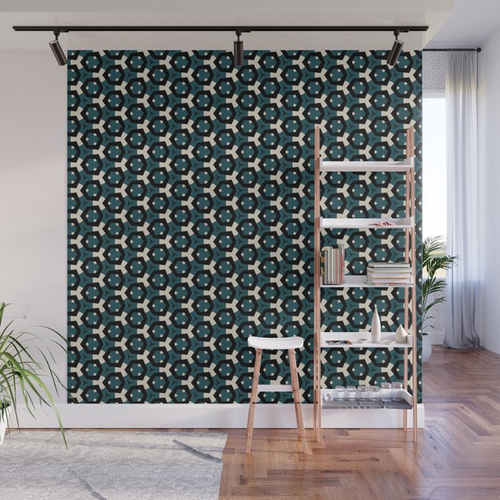 Modern, abstract, geometric pattern with hexagon shapes in deep sea green, bone, tan and black Wall Mural
