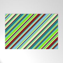 [ Thumbnail: Light Sky Blue, Green, Light Yellow, Dark Red, and Teal Colored Lined/Striped Pattern Welcome Mat ]