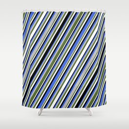 [ Thumbnail: Eye-catching Royal Blue, Grey, Dark Olive Green, White & Black Colored Lines Pattern Shower Curtain ]