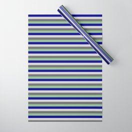 [ Thumbnail: Light Gray, Dim Gray, Dark Sea Green & Dark Blue Colored Lined/Striped Pattern Wrapping Paper ]