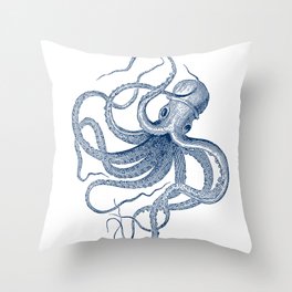 Blue nautical vintage octopus illustration Throw Pillow