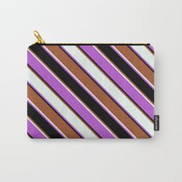 [ Thumbnail: Sienna, Mint Cream, Orchid & Black Colored Pattern of Stripes Carry-All Pouch ]