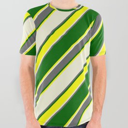 [ Thumbnail: Beige, Dim Gray, Dark Green & Yellow Colored Lined Pattern All Over Graphic Tee ]
