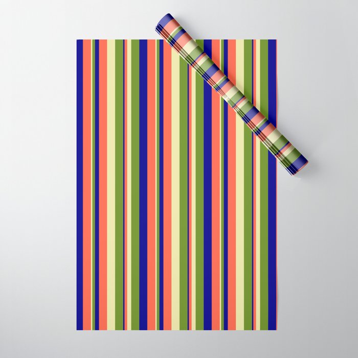 Pale Goldenrod, Green, Dark Blue & Red Colored Stripes/Lines Pattern Wrapping Paper