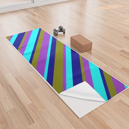 [ Thumbnail: Aqua, Dark Orchid, Green, and Dark Blue Colored Stripes/Lines Pattern Yoga Towel ]