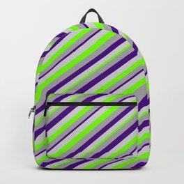 [ Thumbnail: Dark Grey, Indigo, Light Grey, and Green Colored Lines Pattern Backpack ]
