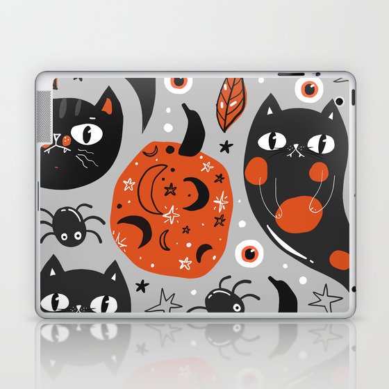 Halloween Seamless Pattern with Cute Pumpkins and Black Cats 01 Laptop & iPad Skin
