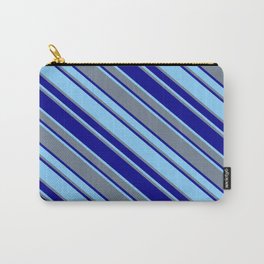 [ Thumbnail: Light Sky Blue, Slate Gray, and Dark Blue Colored Striped/Lined Pattern Carry-All Pouch ]
