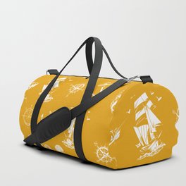 Mustard And White Silhouettes Of Vintage Nautical Pattern Duffle Bag