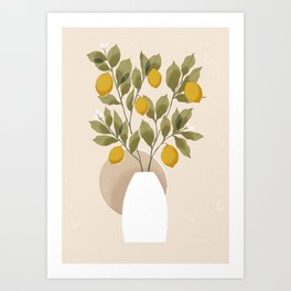 Neutral Lemons // Vase with lemon branches illustration Art Print