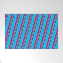 [ Thumbnail: Deep Sky Blue and Crimson Colored Lines/Stripes Pattern Welcome Mat ]