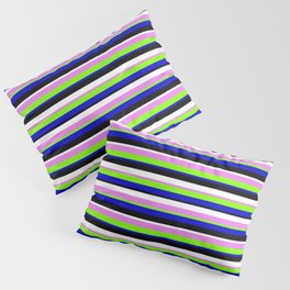 [ Thumbnail: Vibrant Violet, Chartreuse, Blue, Black & White Colored Stripes/Lines Pattern Pillow Sham ]