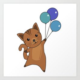 Cat Flies Up With Colorful Balloons Art Print