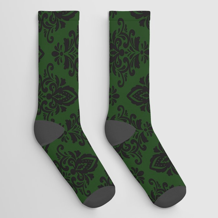 Black damask pattern Green Socks