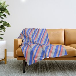 [ Thumbnail: Light Coral, Grey, and Royal Blue Colored Striped/Lined Pattern Throw Blanket ]