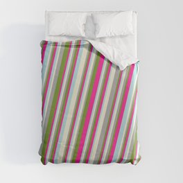 [ Thumbnail: Beige, Dark Gray, Green, Deep Pink, and Powder Blue Colored Stripes Pattern Duvet Cover ]