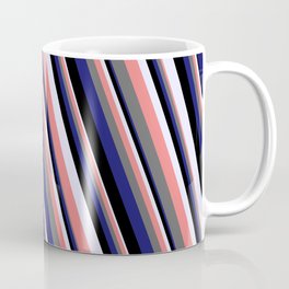 [ Thumbnail: Eye-catching Lavender, Light Coral, Dim Gray, Midnight Blue & Black Colored Striped/Lined Pattern Coffee Mug ]