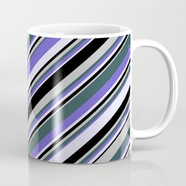 [ Thumbnail: Eyecatching Grey, Dark Slate Gray, Slate Blue, Lavender, and Black Colored Lines/Stripes Pattern Coffee Mug ]