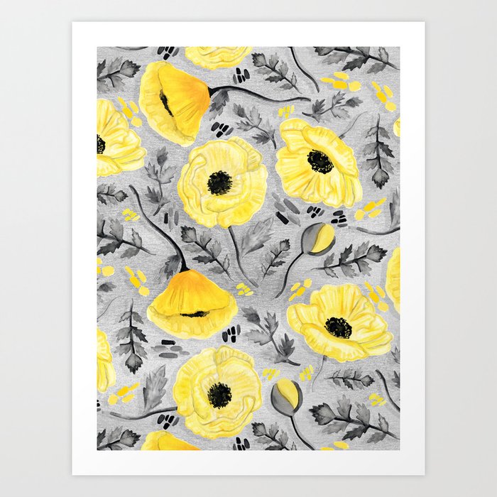 Butter Yellow Poppies on Pearl River Grey Art Print