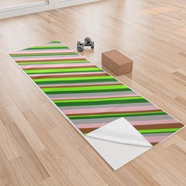 [ Thumbnail: Vibrant Dark Grey, Pink, Brown, Green & Dark Green Colored Lined Pattern Yoga Towel ]