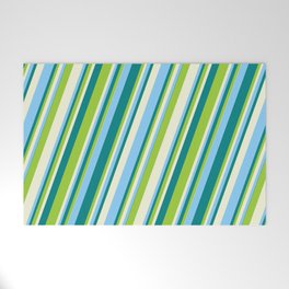 [ Thumbnail: Teal, Green, Beige & Light Sky Blue Colored Stripes/Lines Pattern Welcome Mat ]