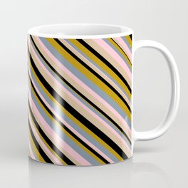 [ Thumbnail: Vibrant Light Slate Gray, Pink, Tan, Black, and Dark Goldenrod Colored Lined Pattern Coffee Mug ]