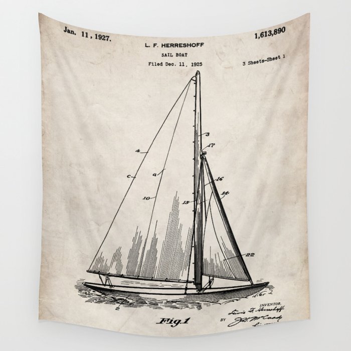 Sailboat Patent - Yacht Art - Antique Wall Tapestry