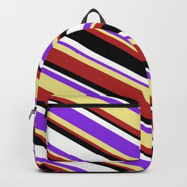 [ Thumbnail: Colorful Purple, Tan, Red, Black & White Colored Stripes Pattern Backpack ]