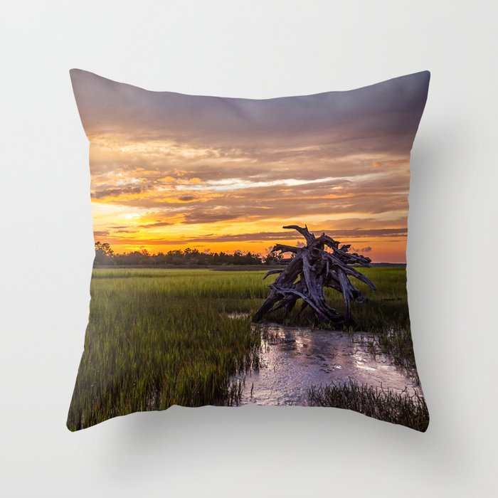 Lowcountry - Dead Tree in Salt Marsh at Sunset in South Carolina Throw Pillow