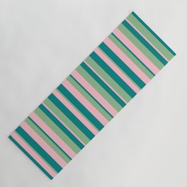[ Thumbnail: Dark Sea Green, Pink & Teal Colored Lined/Striped Pattern Yoga Mat ]