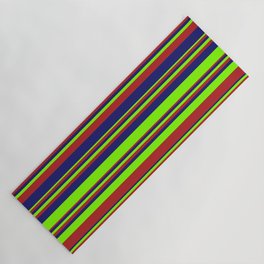 [ Thumbnail: Chartreuse, Red, and Midnight Blue Colored Striped Pattern Yoga Mat ]