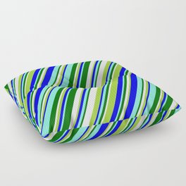 [ Thumbnail: Eyecatching Green, Blue, Aquamarine, Dark Green, and Mint Cream Colored Stripes Pattern Floor Pillow ]