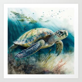 Sea Turtle Swimming Underwater Art Print