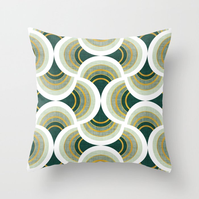 Art deco scallop elegance // green geometric shapes golden textured lines Throw Pillow