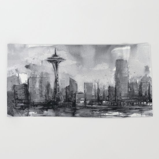 Seattle Skyline Painting Watercolor Black and White Space Needle Beach Towel