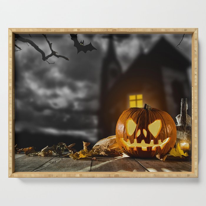 Scary Halloween Pumpkin with Horror Background Serving Tray