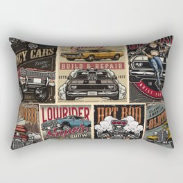 Custom cars vintage colorful posters with lowrider muscle and hot rod cars turbo engine classic retro automobile pretty tattooed woman holding spanner vintage illustration Rectangular Pillow